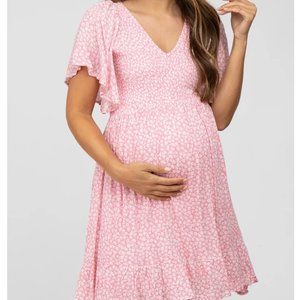 Light Pink Floral Print Smocked V-Neck Maternity Dress